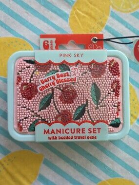 Beaded Cherry Adorable Pink Manicure Set. Perfect For The Beaded Bag Collector